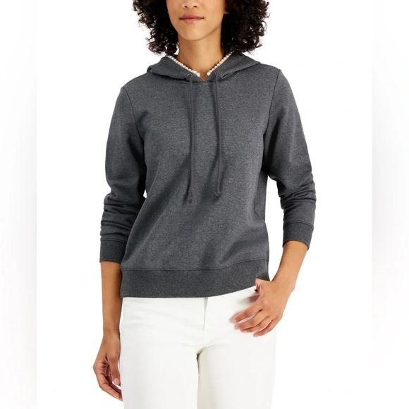 Charter Club Hoodie Embellished Pearls Heathered Grey - Picture 1 of 6